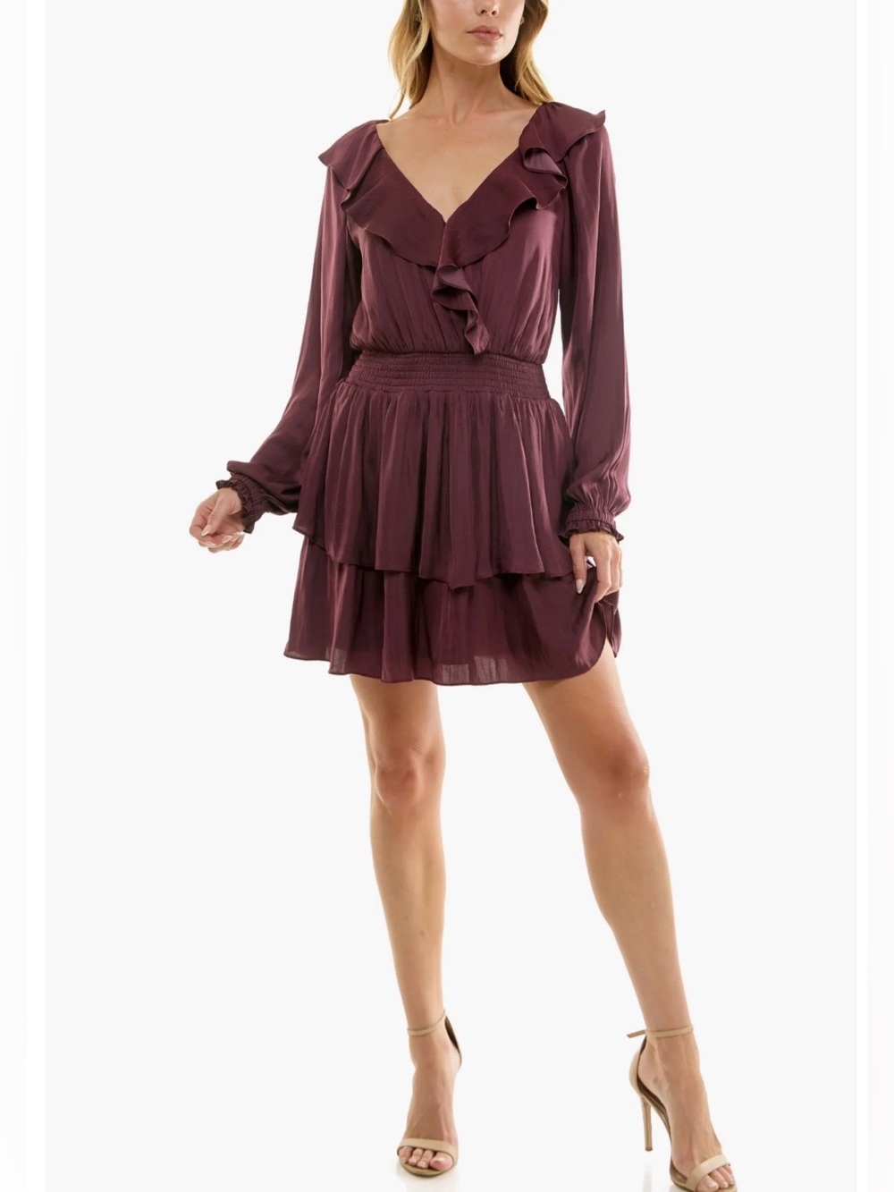 Socialite Ruffle Fit & Flare Raisin Tiered Long Sleeve Dress Sz S